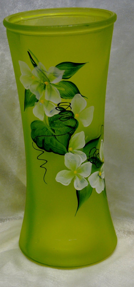 9.5 Lime green hourglass vase with white hydrangeas