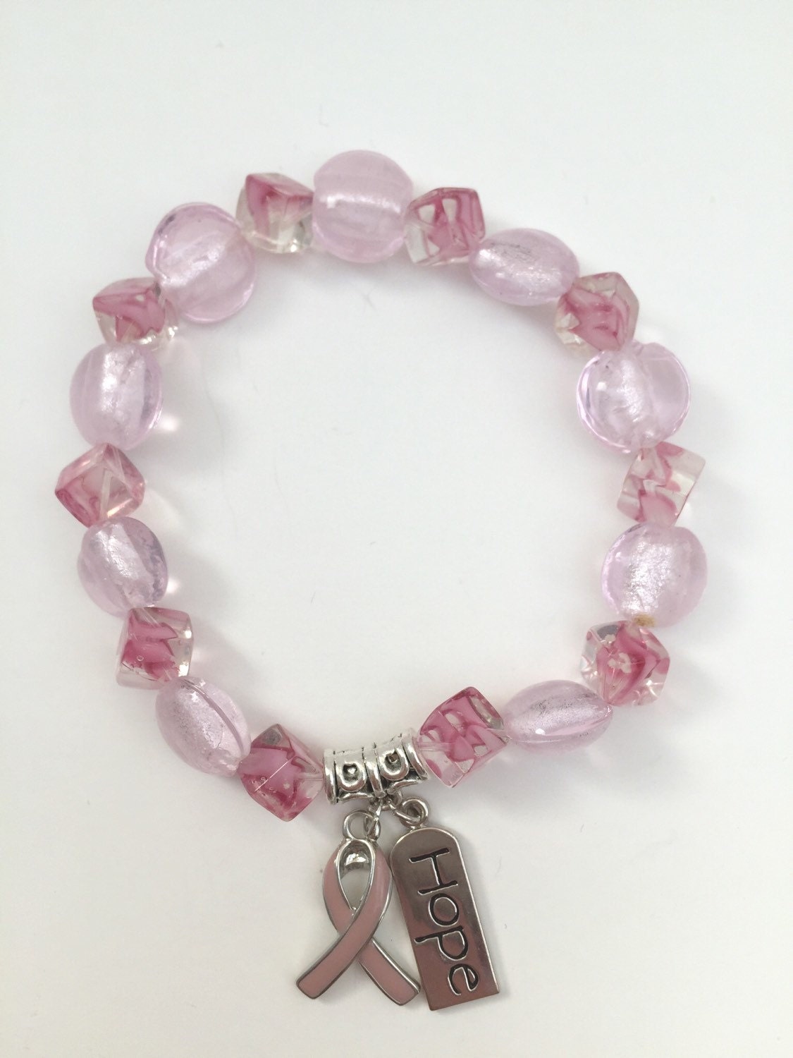 Pink Breast Cancer Glass Beaded Bracelet by LuckySunshineDesigns