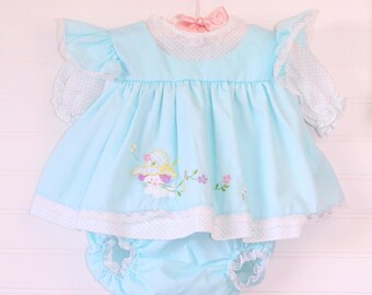 Vintage baby dress. Baby blue pinafore polka-dot, nanette for 12 Mo with bloomers