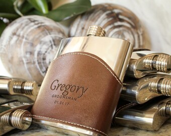 Personalized Leather Flask, Genuine Leather Hip Flask, Leather Wrapped Flask: Father of the Bride, Gift for Him, Valentine, Groomsmen Gift