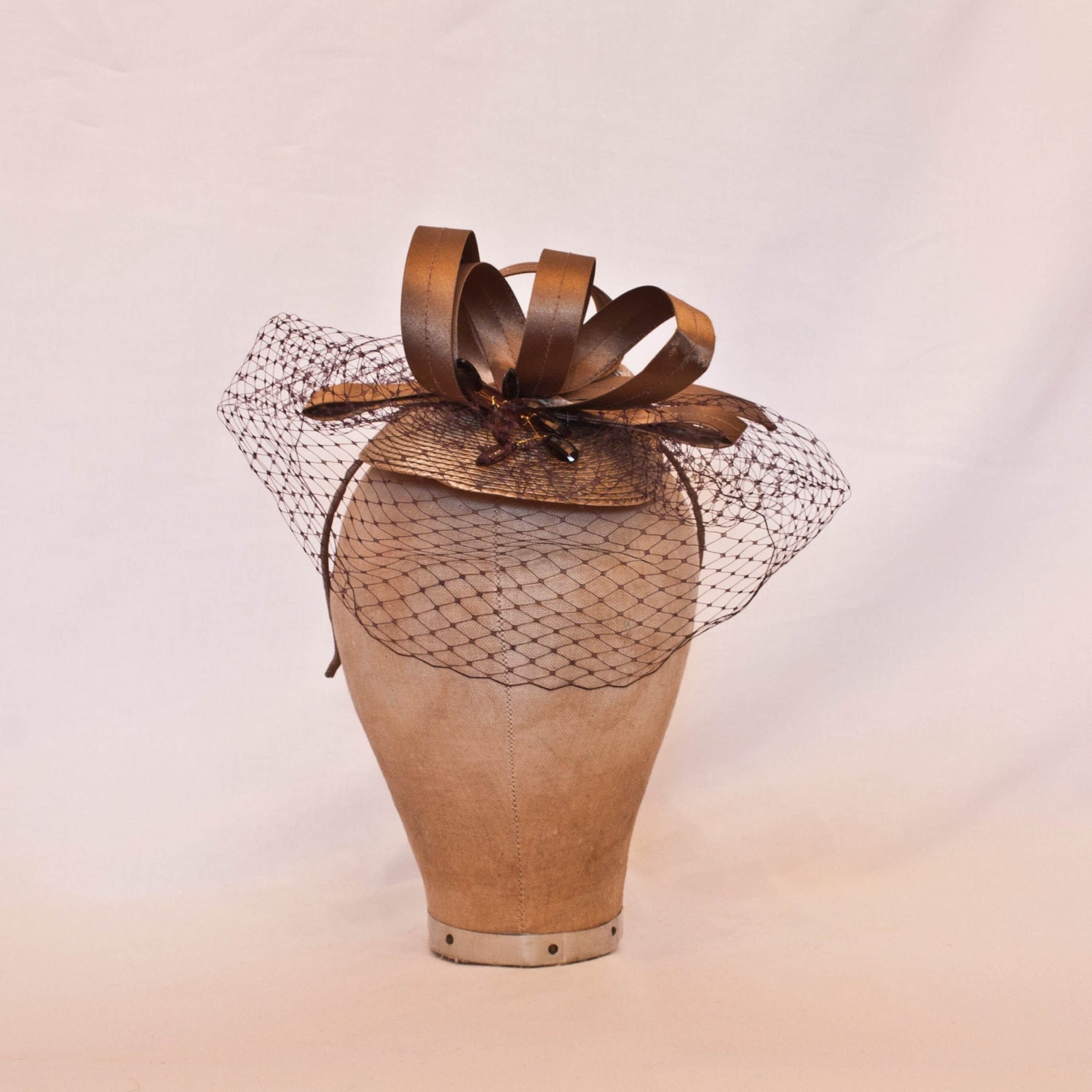 Handmade coffee brown coloured small ladies formal occasion hat with beading detail