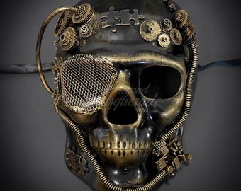 Full Face Men's Masquerade Steampunk Mask, Skull Mask, Half Face Masquerade Mask for Men, Steampunk Accessories - Gold