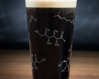Beer Chemistry Molecule Pint Glass | beer glass, nerd, gifts for men, gifts for her, beer mug, molecular gastronomy, microbrew