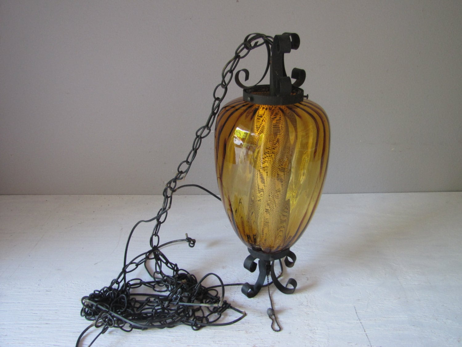 Vintage Hanging Pendant Light Amber Glass Chandelier Amber