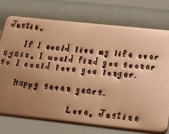 Copper wallet insert card, 7th anniversary gift, wedding father of bride gift