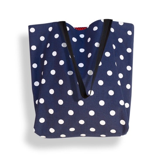 Navy Blue and White Polka Dot Americana Canvas Tote Bag by BR20ten