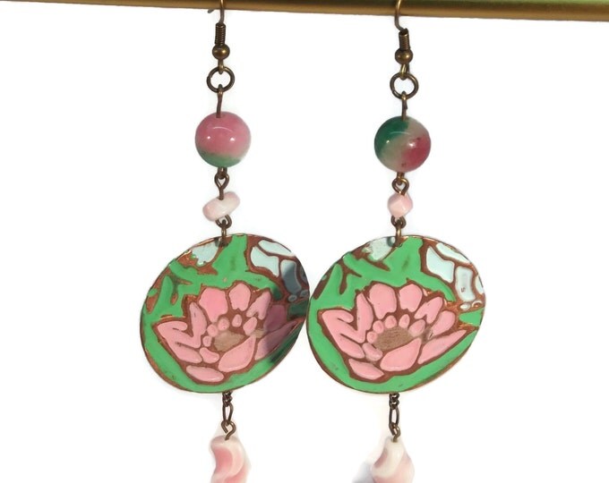 Hand Painted Lotus Blossom Pink & Green Shoulder Duster Earrings, Nickle Free Ear Wires, Hypo Allergenic, One of a kind, OOAK