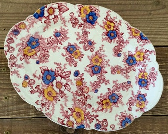 Vintage Taylor Smith Taylor Red Blue and Yellow Floral Transferware Platter