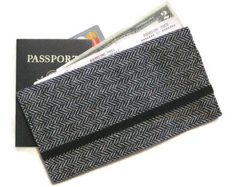 Travel Wallet Tweed Passport Wallet, Mens Travel Document Holder, Gray Herringbone Passport Boarding Pass Holder, Men's Travel Gift