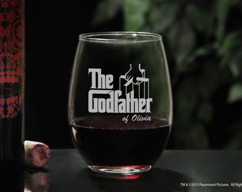 Elegant Stemless Wine Glass Custom Godfather Gift, Personalized Godfather Glass & Etched Movie Logo, Will You Be My Godfather Baptism Gift