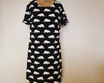 Dinosaur Print Jersey Tshirt Dress. Loose Fitting Dress. Black and White Dress. Comfy Dress. Quirky Clothing.