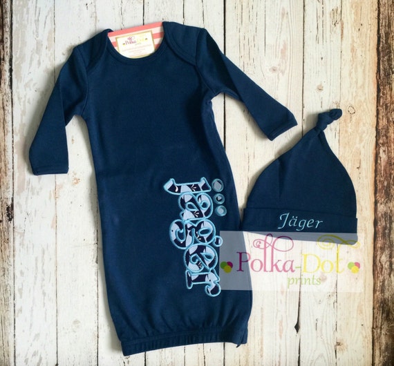 Embroidered infant gown hat & burp cloth