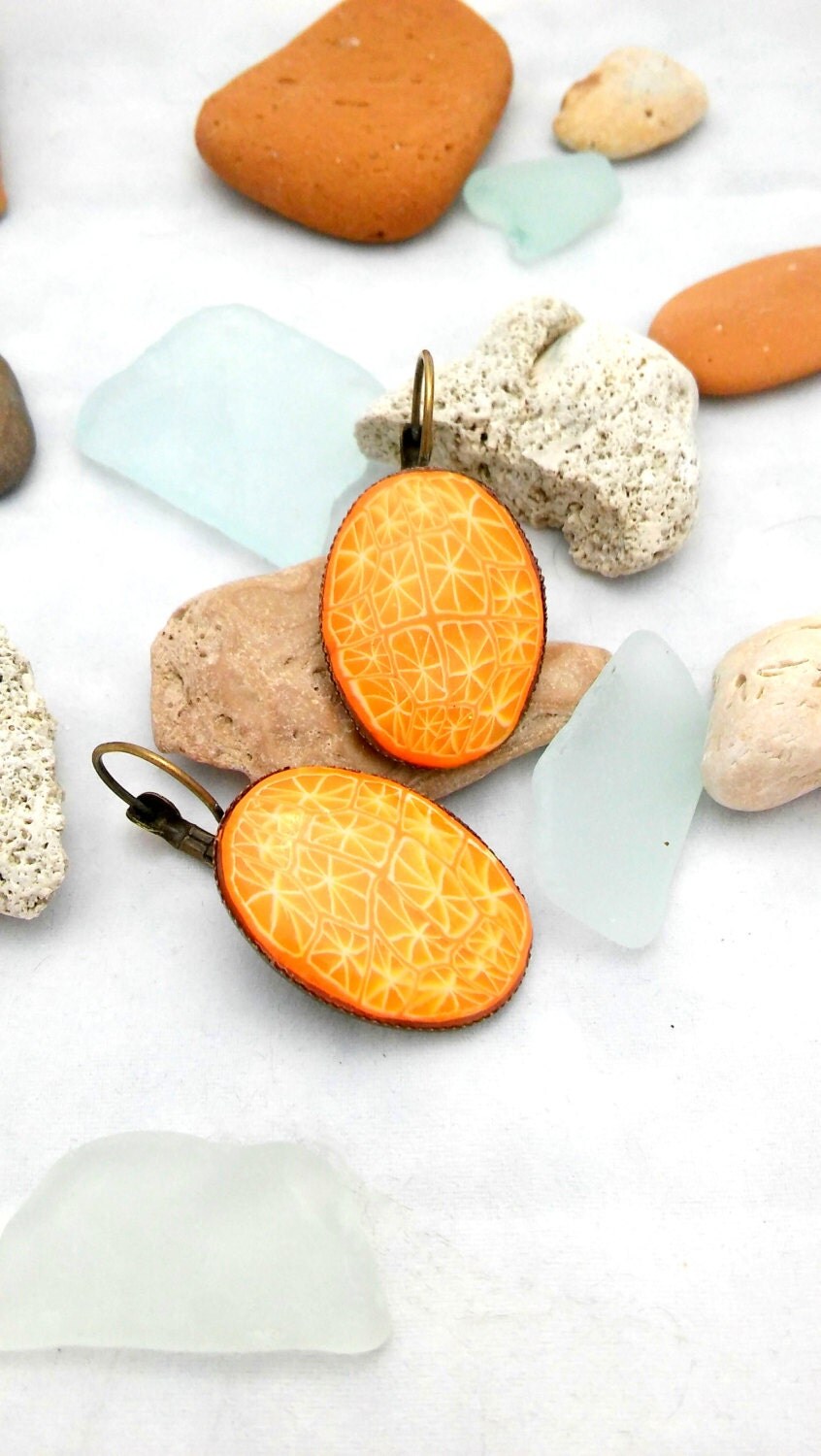 Earrings Resin Polymer Clay Orange Statement Handcrafted