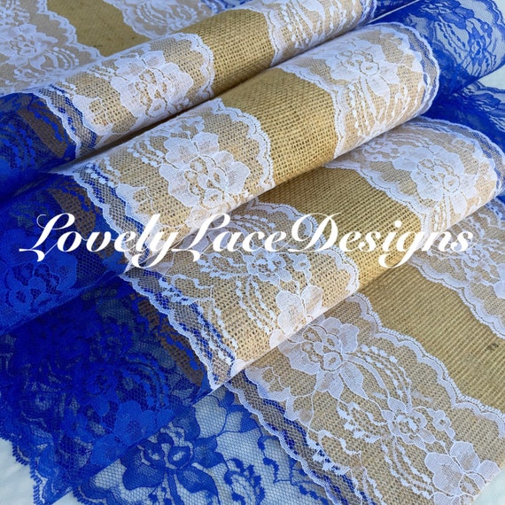 ROYAL BLUE Weddings Burlap Table Runner with by LovelyLaceDesigns