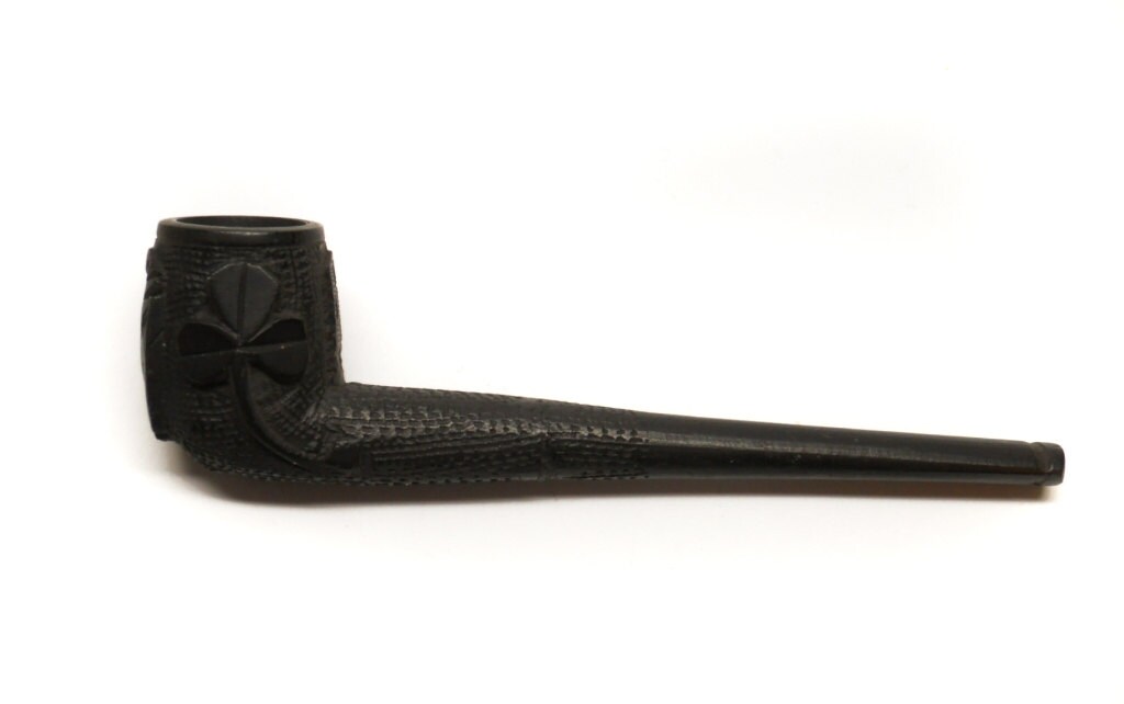 Vintage Carved Irish Smoking Pipe Black Bogwood Shamrock and
