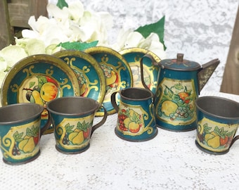 11 pc Antique Tin Litho 3 Little Kittens Tea by W