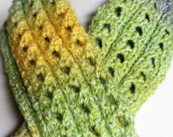 Knit Scarf, Women Scarf, Long Skinny Scarf, Acrylic Scarf, Handknit Scarf, Limeade Lion Brand, Tweed Stripe Scarf, Yellow Green Blue Scarf