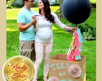 Black Gender Reveal Balloon / 36" Confetti Filled Balloon / Island Pink, Mint & Gold Tassel Tail / It's a Boy / It's a Girl