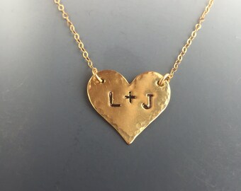 Handstamped Valentine Necklaces, Brass with 14k gold-filled chain