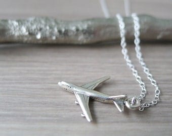 Sterling Silver Airplane Necklace, Pilot Gift, Flight Attendant, Jet Necklace, Airplane Jewelry, Travel Gift, Travel Necklace