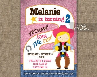 Cowgirl Birthday Invitation - 2nd Birthday Invitations - Girls 2nd Birthday Party Invites - Printable Two Year Old Cowgirl Invitation CWG1