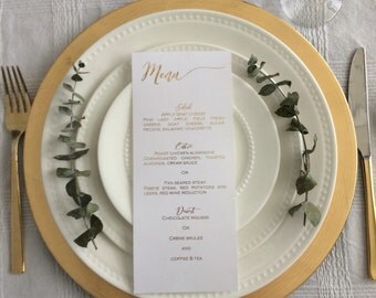 Gold foil menu card/ dinner menu/ wedding menu/ wedding menu card/ wedding place setting/ Bougenville font/ place card/ escort card