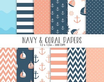 ON SALE Nautical Navy Coral Papers - Scrapbooking Papers - Commercial Use - Sailboat - Anchor - Navy and Coral Nautical Papers