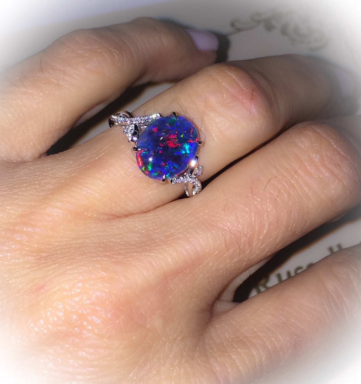 Natural Black Australian Opal Ring 18k White Gold & Genuine