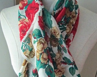Vintage Gorgeous Red Rose printed Wool Challis Scarf, Club 7 Echo