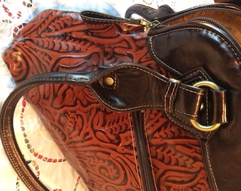 Tooled Leather Handbag - Medium Size - Zippered Top