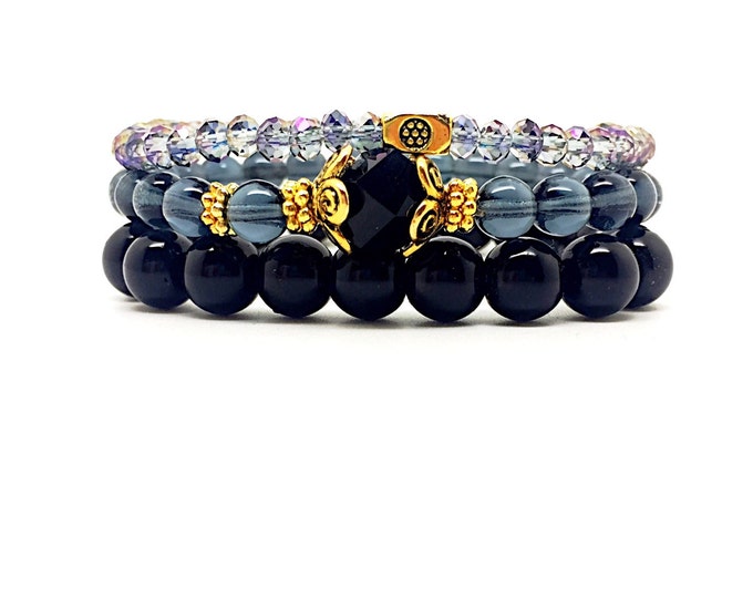 Black three set bracelet, black bracelets, set of black bracelets, black crystal bracelets, stackable bracelet, elastic bracelet