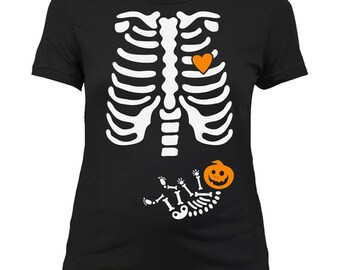 Pregnant Skeleton Shirt Pregnant Halloween Costume Maternity Skeleton T Shirt Unisex Pumpkin Halloween Pregnancy Announcement Shirt Ladies