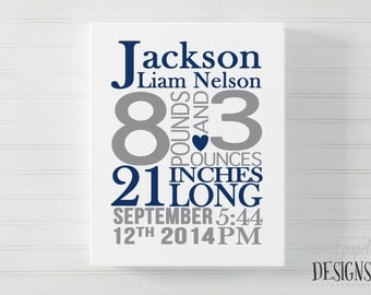 Baby Birth Stats Canvas, Boy Birth Announcement Wall Art, Nursery Canvas, Personalized Canvas Baby Gift, Navy Gray Nursery, Baby Boy Gift