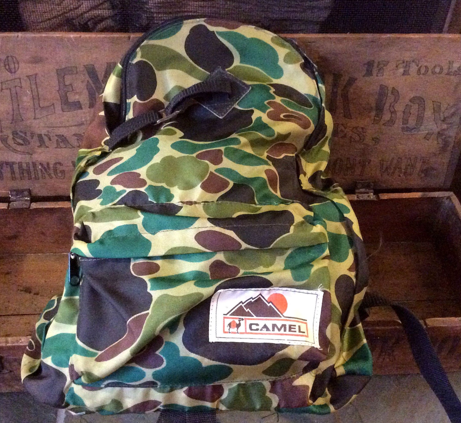 Vintage Camel Camouflage and Leather Backpack Bookbag Made in