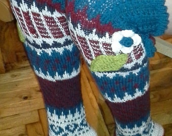 Over The Knee Socks,Hand knit knee socks,flower knee socks,Flower socks, rainbow socks, woman leg warmers, Hand knit socks,Thigh High Socks
