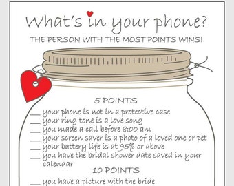 What's in your phone? Printable Bridal Shower Game DIY Cell Phone Game - Mason Jar with red, purple and pink hearts