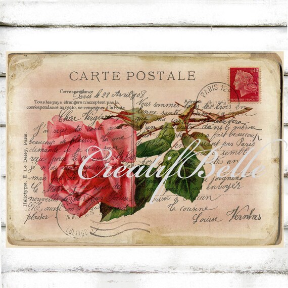 French Antique Style Carte Postale Postcard Pink Shabby Rose Large Instant Digital Download Printable Floral Graphic Transfer Image
