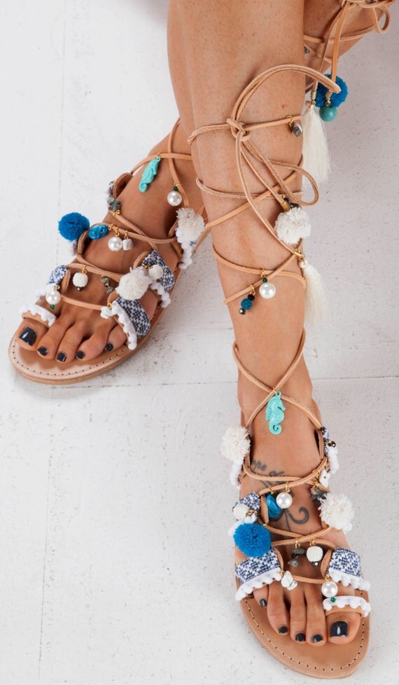Tie Up Gladiator Sandals, Greek Sandals, Semi Precious Stones