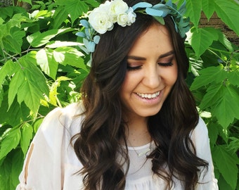 Ranunculus + Greenery Flower Crown / Greenery Bridal Flower Crown / Bride Greenery Crown / Natural Flower Crown / High Quality / Bohemian