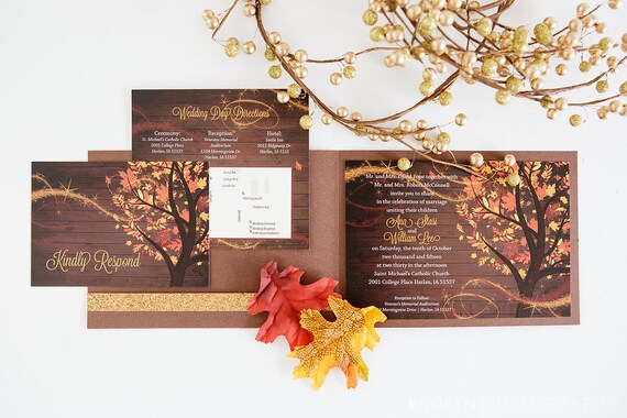 Fall Wedding Invitation Pocketfold Suite Autumn Invitation