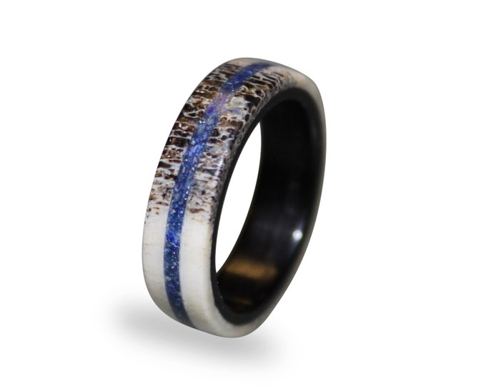 Deer Antler Fashion Ring, Antler Ring with Lapis Lazuli Inlay, Lapis Lazuli Ring, Ebony Wood Ring