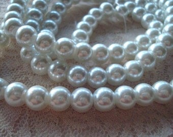 SALE! 8mm White Glass Pearls. 50 or 104pcs . Full 15" or Double 32" Strand. ~USPS Standard Ship Rates from Oregon.