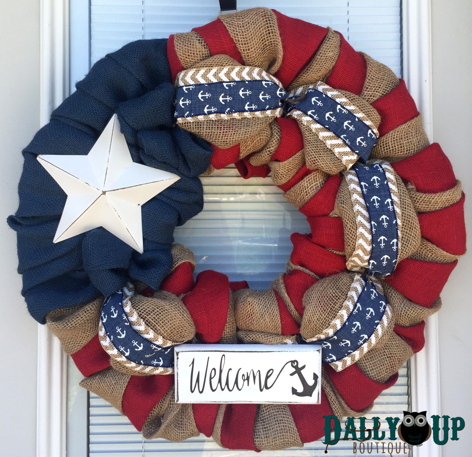 4th of July Wreath-Fourth of July Wreath- Red White and Blue Burlap Wreath- Anchor 4th of July Wreath- Patriotic burlap wreath- Welcome Sign