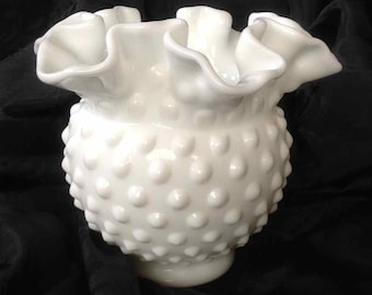 Vintage Fenton Hobnail Crimped Edge and Footed Milk Glass Vase - 1970's