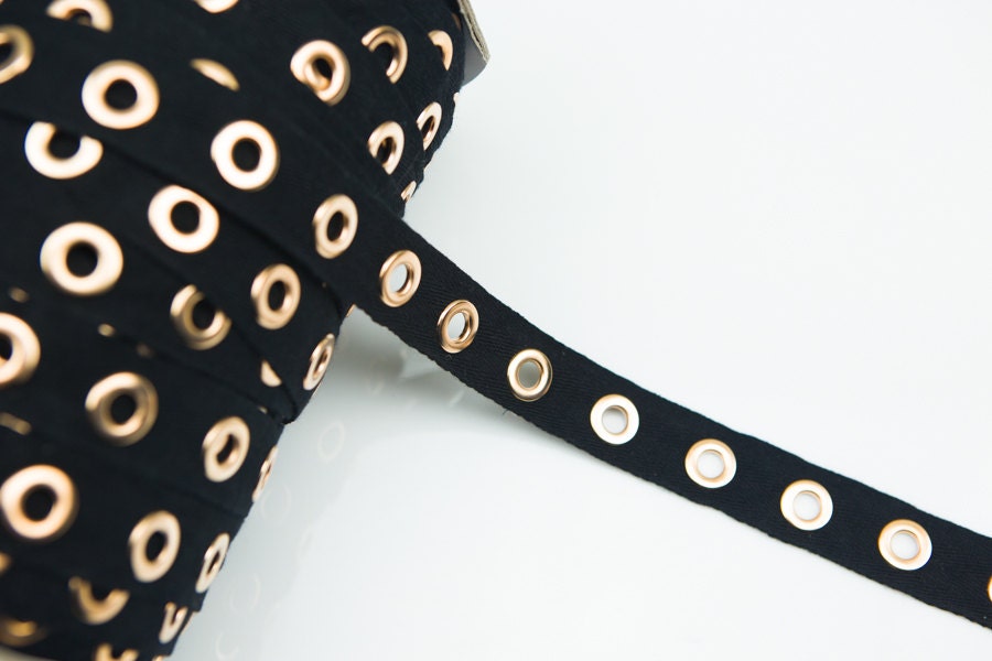 Black and Gold Large Cotton Grommet Tape Eyelet Cotton Twill