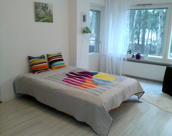 Modern quilt made from Marimekko fabric, Scandinavian floral patchwork contemporary bed cover, neutral minimalist art quilt, full size