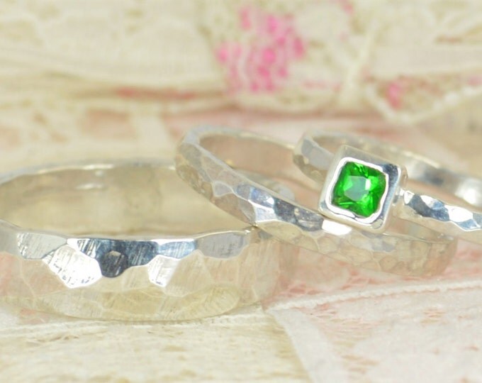 Square Emerald Engagement Ring, Sterling Silver, Emerald Wedding Ring Set, Rustic Wedding Ring Set, May Birthstone, Sterling Silver Emerald