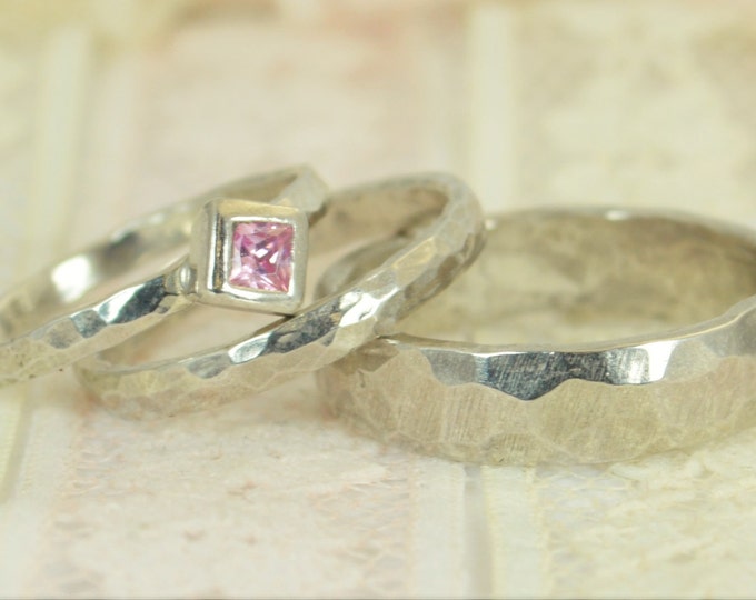 Square Pink Tourmaline Engagement Ring, 14k White Gold, Tourmaline Wedding Ring Set, Rustic Wedding Ring Set, October Birthstone Tourmaline