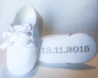 White Baby Baptism, Christening, Oxford Shoes with FREE Custom Personalized Metallic Silver Embroidery, sneakers, Blessing, Presentation