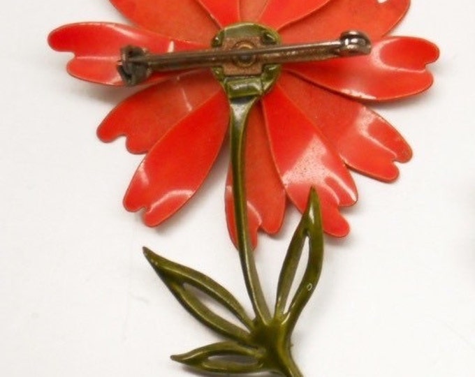 Storewide 25% Off SALE Vintage Hand Painted Enamel & Metal Burnt Orange Daisy Cocktail Brooch Featuring Long Green Stem Design With Delicate